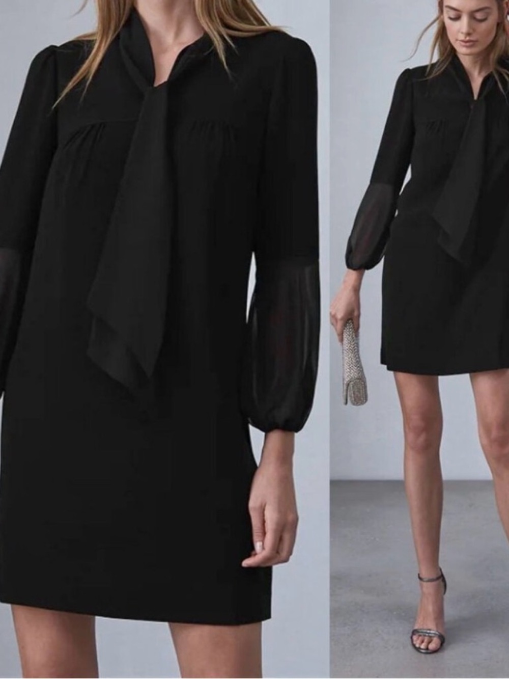 REISS Ronda Tie-Neck Shift Dress Semi Sheer Sleeves Classic Black Size 2